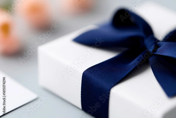 Obraz Navy blue ribbon wrapped gift box on white background elegant present packaging