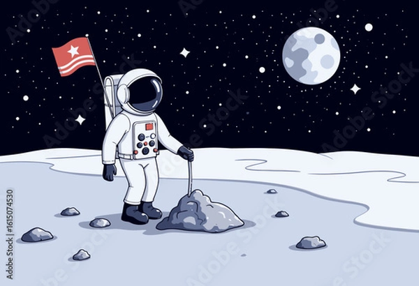 Fototapeta Astronaut planting flag on moon surface with stars and Earth visible  