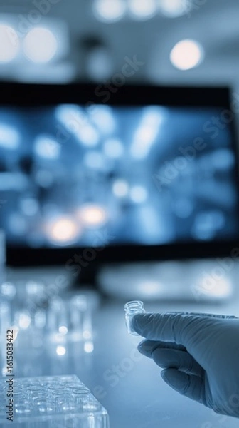 Fototapeta Gloved hand with vial and live stem cell imaging display