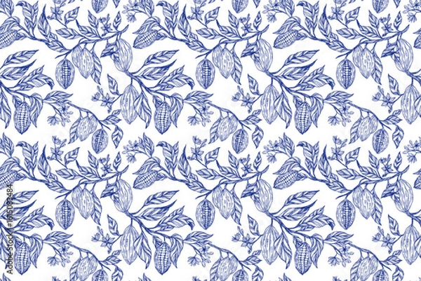 Fototapeta Seamless cocoa themed pattern featuring hand drawn cacao pods and leaves in vintage engraving style. Toile de Jouy. Elegant blue white design, ideal for cafe, bakery, chocolate packaging, and branding