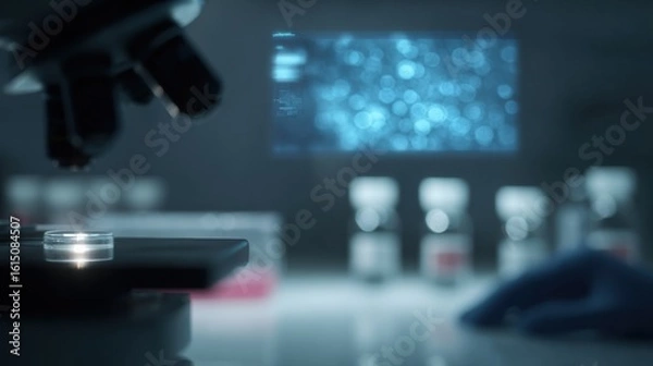 Fototapeta Gloved fingers adjusting microscope with digital display of stem cell development