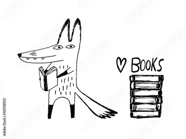 Obraz Fox reading books. Hand drawn vector illustration