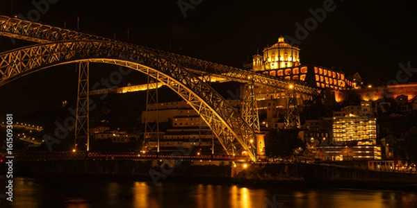 Fototapeta Close up view of illuminated Ponte Dom Luís I at night. Porto, Vila Nova de Gaia, Portugal. Travel concept.
