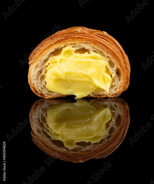 Obraz Croissant with Vanilla Custard – Low angle, glossy reflection, black background
