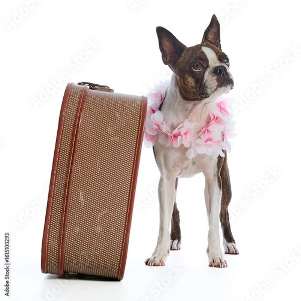 Fototapeta Boston terrier wearing a pink floral collar, with a brown suitcase on a white background
