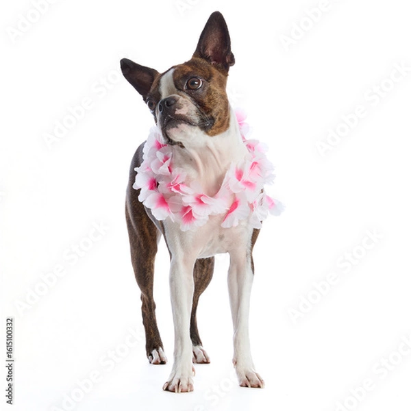 Fototapeta Boston Terrier dog with accessories and clothing on a white background