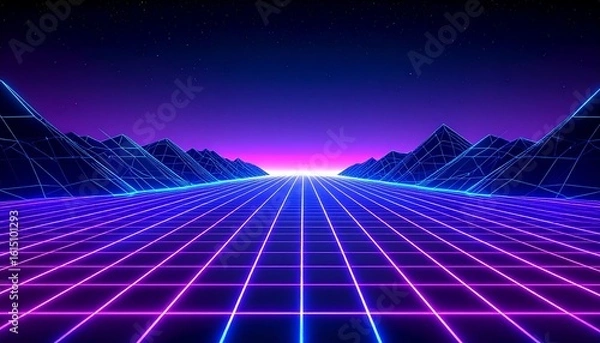 Fototapeta Retro-futuristic synthwave landscape featuring neon gridlines on the ground