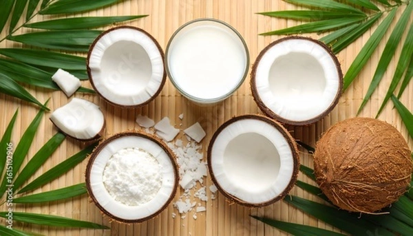 Obraz Flat lay of halved coconuts, a glass of coconut milk, and coconut flakes on bamboo mat with green leaves. Natural, tropical, and healthy food concept.