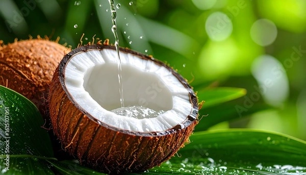 Fototapeta Fresh coconut half with pure coconut water pouring inside, placed on green tropical leaves. Natural, hydrating, and exotic summer concept.