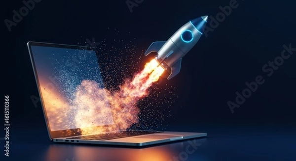 Fototapeta Digital Transformation Accelerates Business Growth and Innovation With Rocket Launching From Laptop Screen