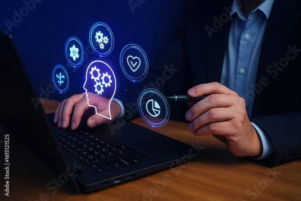 Fototapeta AI generated professional using stylus on laptop with glowing holographic icons representing brain gear idea heart innovation and data analysis showing smart collaboration with technology