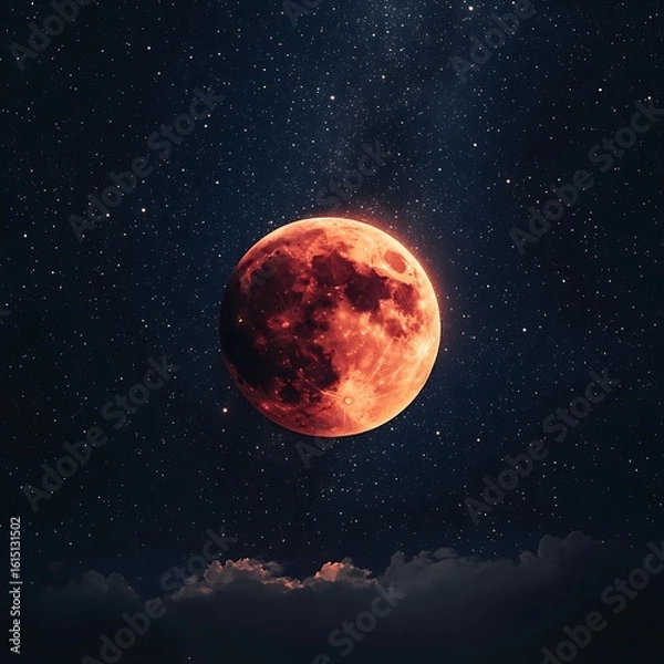 Fototapeta Midnight sky glowing around big red moon and water high resolution picture