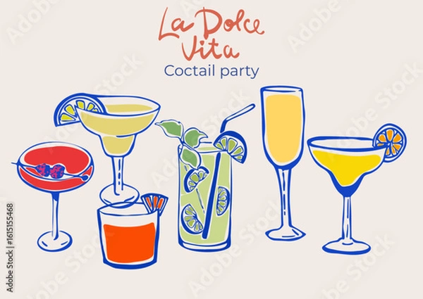 Fototapeta Set of hand-drawn whimsical illustrations of cocktails, alcoholic daiquiri, mojito, mimosa  in ink doodle style. Hand-drawn collection of drinks. Italian Aperitif Drink Collection. Doodle Style. 
