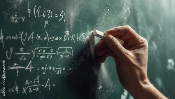 Obraz Hand writing complex mathematical equations on a green chalkboard