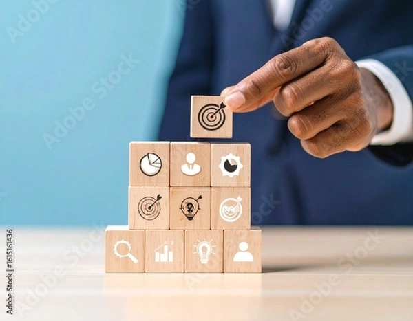 Obraz Hand Placing Idea Block on Pyramid of Business Strategy and Growth Icons