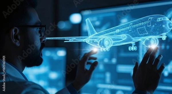 Fototapeta Engineer interacts with holographic airplane blueprint, showcasing advanced aviation technology and future flight innovation.