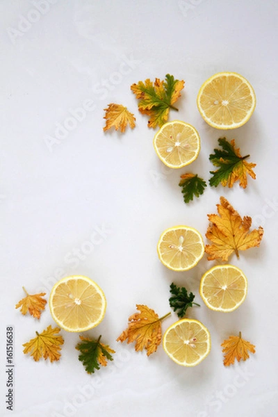 Obraz Lemons and Autumn Leaves Flatlay