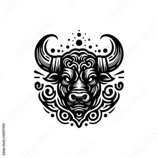 Fototapeta Ornate bull head with tribal patterns and horns