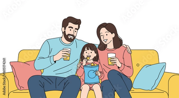 Obraz A happy family enjoys a relaxing evening together on a cozy sofa with drinks and snacks