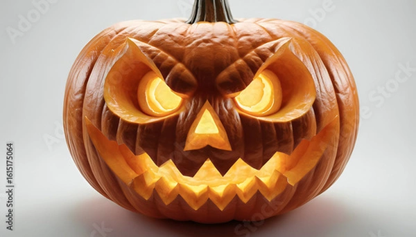 Fototapeta Pumpkin with Glowing Carved Face on White Background