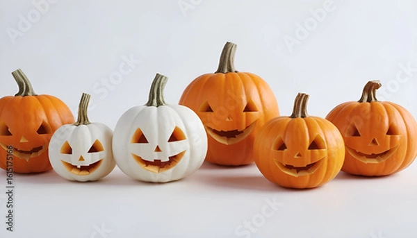 Fototapeta  Lineup of Mini Jack-o’-Lanterns on White