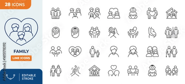 Fototapeta Family line editable icon set. Contain icons related to parenthood, grandparents, children, adoption, and more. Editable stroke. Vector illustration