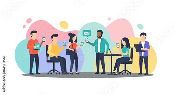 Fototapeta Diverse team collaborating using smartphones and laptops, ideal for website or presentation on teamwork and technology.