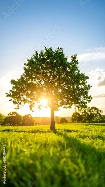 Obraz A lone tree in a field bathed in golden sunlight at sunset
