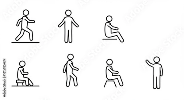 Fototapeta Various stick figure poses depicting walking standing sitting and raising hand in a simple line drawing vreated with genrated ai