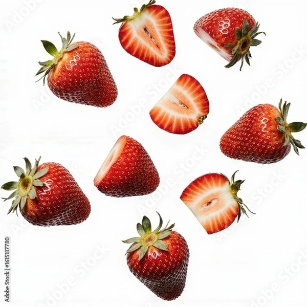 Fototapeta Strawberry Burst: Fresh, ripe strawberries and slices artfully arranged, exuding a juicy allure perfect for culinary creations and a taste of summer. 