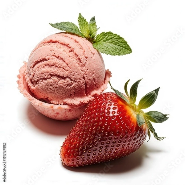 Fototapeta Strawberry Ice Cream Delight: A refreshing scoop of strawberry ice cream, garnished with fresh mint leaves, alongside a ripe, vibrant strawberry, offering a tempting treat