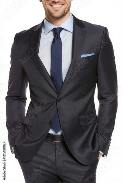 Fototapeta Modern Professional Elegance: A confident man, impeccably dressed in a tailored suit, exudes style and professionalism, ready to conquer the world with a poised smile and unwavering composure.