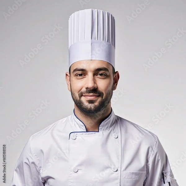 Fototapeta Culinary Expertise: A smiling chef stands confidently, embodying culinary mastery in a clean and modern studio environment.