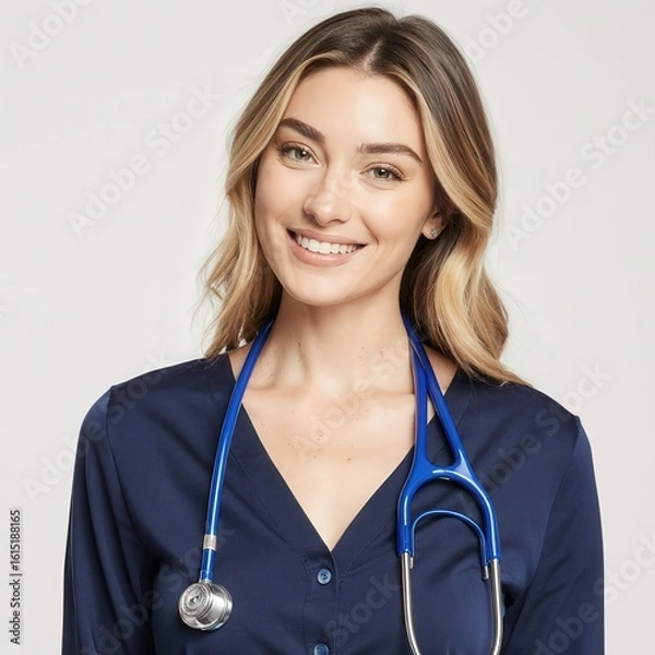 Fototapeta Smiling medical professional: A portrait of a smiling medical professional, embodying warmth and expertise, adorned with a stethoscope, conveying trust and care in a pristine setting.