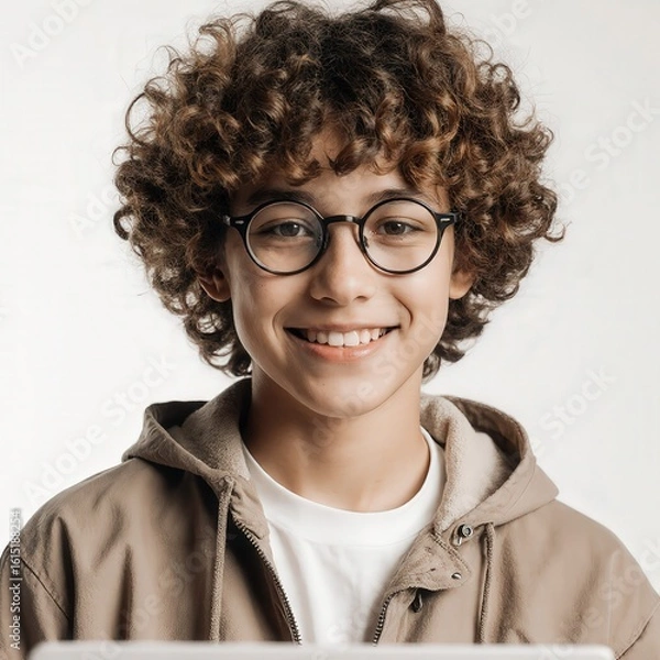 Fototapeta Joyful Youthful Portrait: A young, happy individual radiates joy with a warm smile, accentuated by stylish eyeglasses.  Capturing the essence of youth and contentment. 