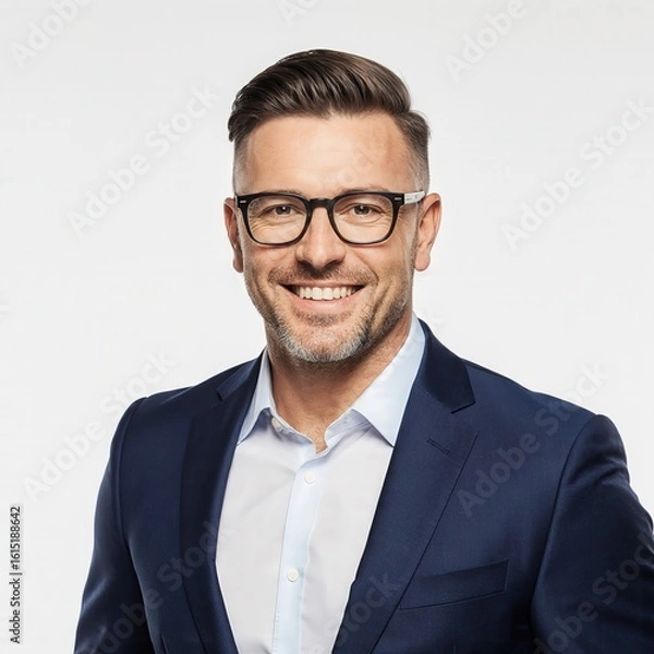 Fototapeta Smart and Confident Portrait: A polished man, impeccably dressed and radiating self-assurance, gazes directly at the viewer, conveying competence and approachability. 