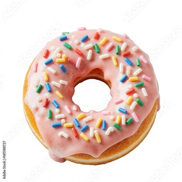 Fototapeta Delicious Donut Delight: A mouthwatering image of a single donut, coated in pastel pink frosting, artfully sprinkled with colorful confetti, inviting indulgence and sweet satisfaction.