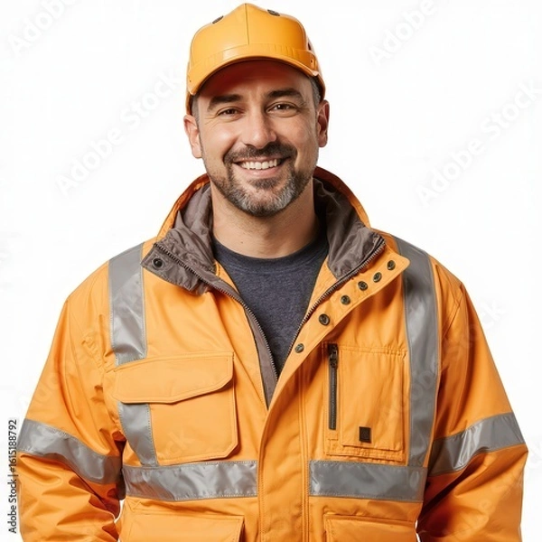 Fototapeta Smiling Construction Worker: A construction worker stands ready, radiating warmth and expertise. The vibrant orange jacket is a testament to the image of industry and the importance of safety.