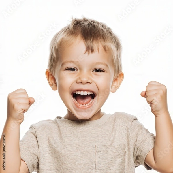 Fototapeta Joyful child: A close-up of a young child with a contagious smile expressing sheer delight. A portrait captures the exuberant energy and pure happiness of childhood.