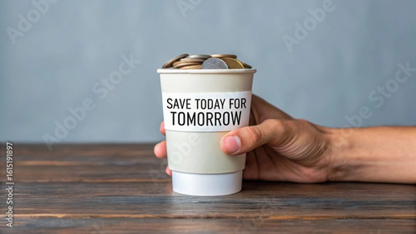 Obraz Financial awareness campaign promotes saving. A hand holds a cup with coins, featuring the message "Save Today for Tomorrow," on a wooden surface.