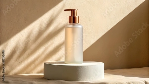 Obraz Frosted glass pump bottle with rose gold dispenser on pedestal