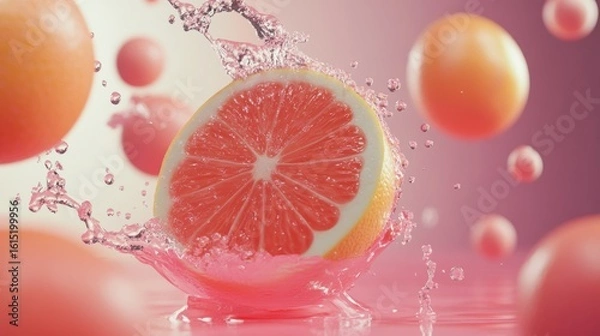 Fototapeta Grapefruit slice splashing in pink liquid with vibrant colors and fresh fruity dynamic background