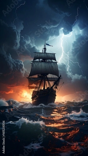 Obraz A majestic ship navigates a stormy sea at sunset