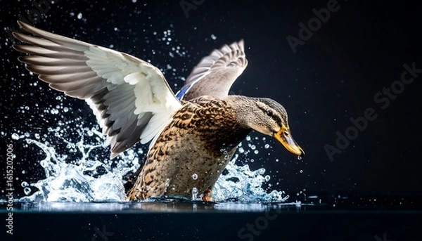 Obraz A mallard duck taking flight, splashing water