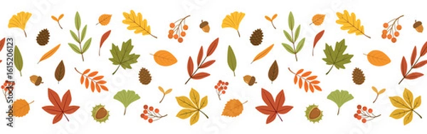 Fototapeta Autumn forest leaves and berries, pine cones and acorn horizontal border pattern