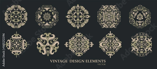 Fototapeta Vector. Elegant selection of round and square ornaments in creamy gold and black palette. Suitable for wedding designs, vintage brands, packaging and prints.