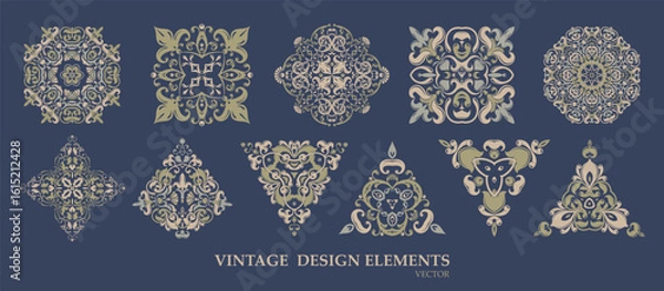 Fototapeta Vector. Collection of vintage ornaments with exquisite baroque pattern, made in creamy beige and blue tones. Suitable for decoration, tattoo, logos, prints, packaging and templates.