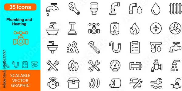 Fototapeta Plumbing & Heating Vector Icon Set — Flat Editable Icons of Pipes, Faucets, Boilers, Wrenches, Radiators, Water Heaters, Tools, Repairs & HVAC Systems for Maintenance & Service Projects

