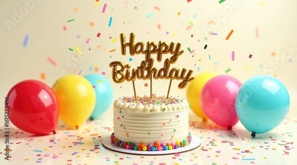 Fototapeta cake with 3d happy birthday text with baloons, confetti, plain background