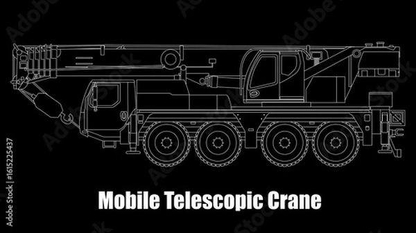 Fototapeta heavy lifting equipment mounted on a wheeled vehicle, equipped with a telescopic boom that can be extended and retracted hydraulically.